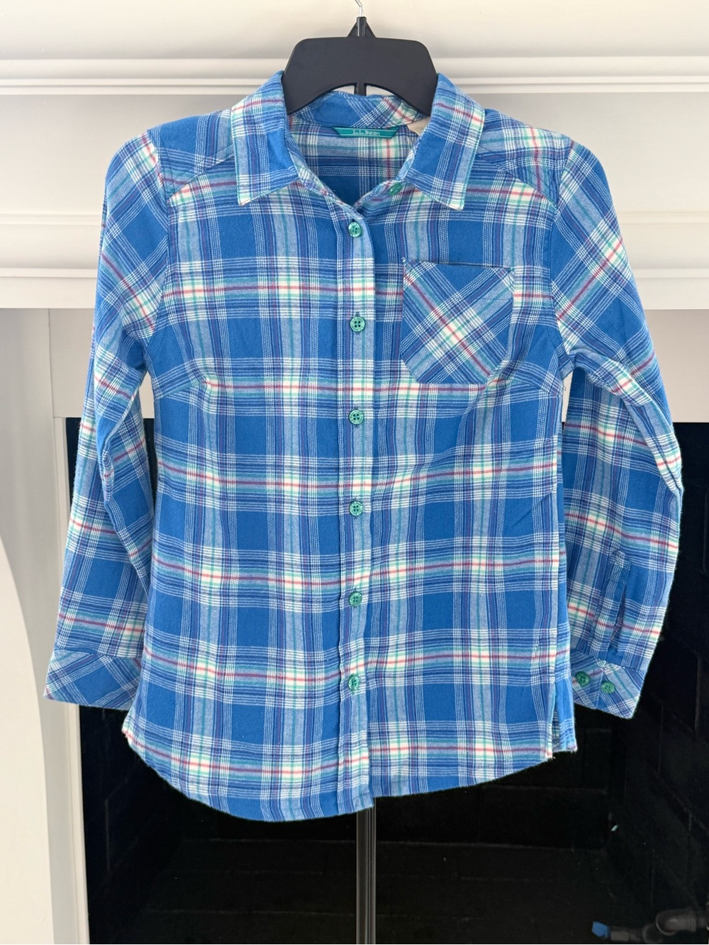 L.L. Bean Girls Blue Plaid Flannel with Chest Pocket- Girls 10/12 Like New